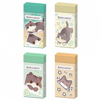 Ластик BRAUBERG CUTE CATS, 50х24х10 мм, прямоугольный, цвет ластика ассорти, эко-пвх, картонный держатель, 273227