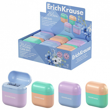 Точилка ERICH KRAUSE "Case Duo Pastel Bloom", 2 отверстия, с контейнером, пластиковая, ассорти, 59989