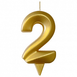 Свеча-цифра для торта "2", форма ГРАНЬ, золото, 7 см, на ножке, в блистере, 1700