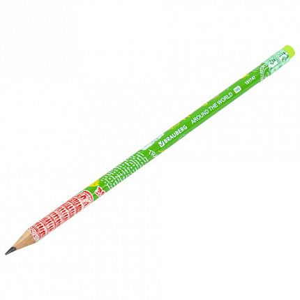 Карандаш чернографитный BRAUBERG "AROUND THE WORLD", 1 шт., HB, с ластиком, корпус ассорти, 181747