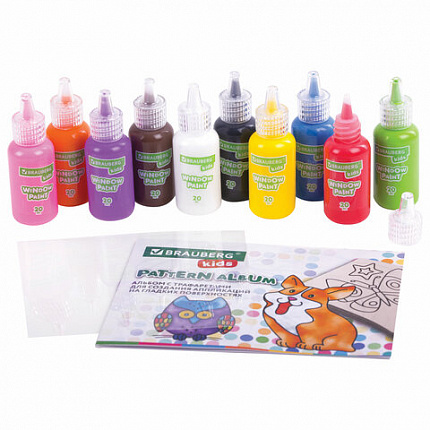 Краски витражные BRAUBERG KIDS, 10 ярких цветов, 10 туб по 20 мл, книга шаблонов, 191761