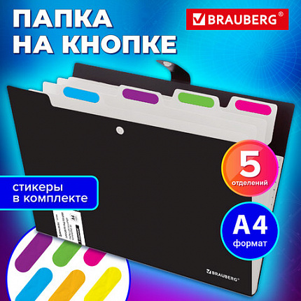 Папка-органайзер на кнопке 5 отделений, BRAUBERG "Extra", А4, черная с белым, 274094