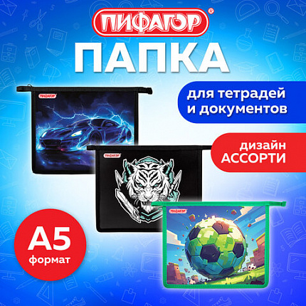 Папка для тетрадей ПИФАГОР А5, 1 отделение, пластик, на молнии, АССОРТИ для мальчиков, 274523