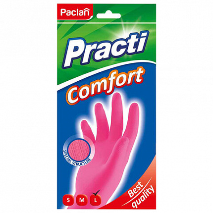 Перчатки МНОГОРАЗОВЫЕ латексные PACLAN "Practi Comfort", хлопчатобумажное напыление, размер 8,5-9, L (большой), розовые, вес 66 г, 407272