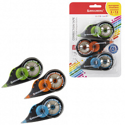 Корректирующая лента BRAUBERG ULTRA COLOR, 5 мм x 12 м, механизм перемотки, ВЫГОДНАЯ УПАКОВКА 3 штуки в блистере, 271253