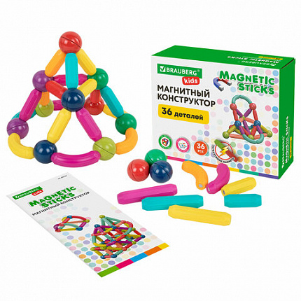 Магнитный конструктор MAGNETIC STICKS, 36 магнитных деталей, BRAUBERG KIDS, 665721