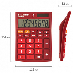 Калькулятор настольный BRAUBERG ULTRA-08-WR, КОМПАКТНЫЙ (154x115 мм), 8 разрядов, двойное питание, БОРДОВЫЙ, 250510