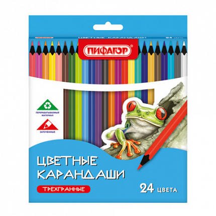 Карандаши цветные ПИФАГОР СТАНДАРТ 24 цвета, трехгранный корпус, 182088