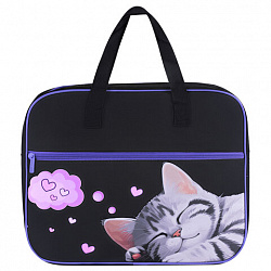 Папка на молнии с ручками BRAUBERG А4, 1 отделение, карман на молнии, 80 мм, "Sleeping kitten", 273309