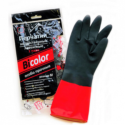 Перчатки МНОГОРАЗОВЫЕ латексные BiColor черно-красные, хлопчатобумажное напыление, размер 7-8, M (средний), вес 62 г, КП, 139467