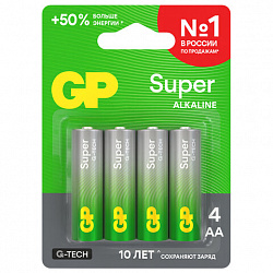 Батарейки КОМПЛЕКТ 4 шт., GP Super G-Tech, AA (LR6, 15А), алкалиновые, пальчиковые, блистер, 15A-2CR4
