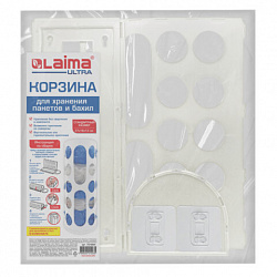 Корзина / диспенсер для хранения пакетов и бахил СРЕДНЯЯ 37х16х13 см, крючки-крепеж в комплекте, белая, LAIMA ULTRA, 701664