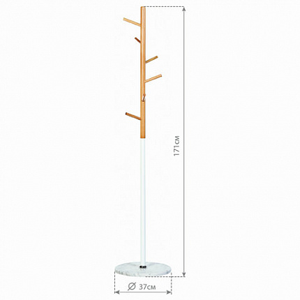 Вешалка-стойка BRABIX "CR-1906" на мраморном диске, металл белый/дерево бук, 6 крючков, 606440