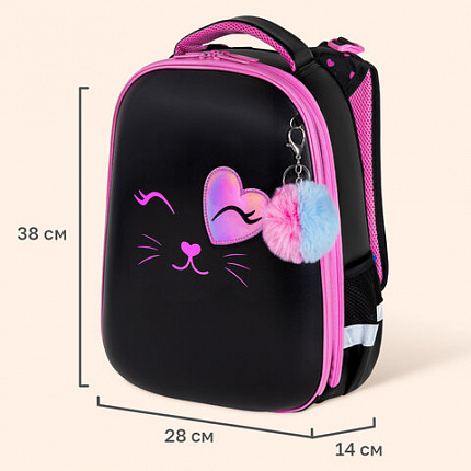 Ранец BRAUBERG SHINY, 2 отделения, с брелоком, "Улыбающийся котик", 38х28х14 см, 272040
