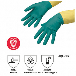 Перчатки VILEDA латекс-неопреновые МНОГОРАЗОВЫЕ х/б напыление СВЕРХПРОЧНЫЕ, размер M (средний), зеленые/желтые, 174305