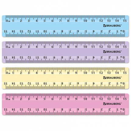 Линейки пластиковые 15 см пастельные BRAUBERG, НАБОР 4 штуки, непрозрачные, пенал, 210880