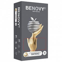 Перчатки латексные смотровые 50 пар (100 штук), размер 7-8, M (средний), бежевые, BENOVY Latex Chlorinated