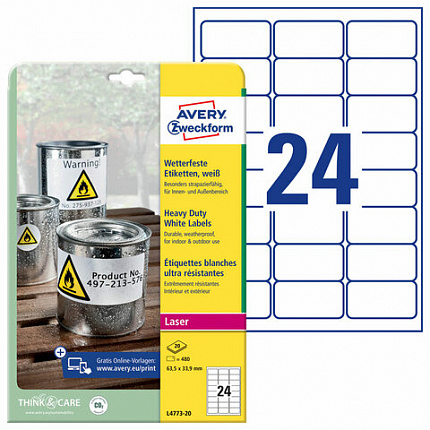 Этикетка самоклеящаяся ВСЕПОГОДНАЯ 63,5х33,9 мм, 24 этикетки, полиэстер, белая, 20 листов, Avery Zweckform, L7917-10, L4773-20