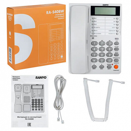 Телефон SANYO RA-S408W, спикерфон, память 55 номеров, тональный/импульсный режим, белый