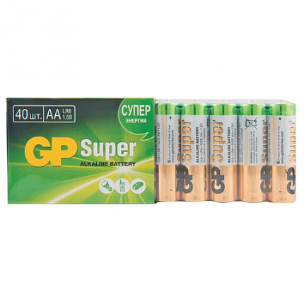 Батарейки GP Super, AA (LR6, 15А), алкалиновые, пальчиковые, КОМПЛЕКТ 40 шт., 15A-2CRVS, GP 15A-2CRVS40