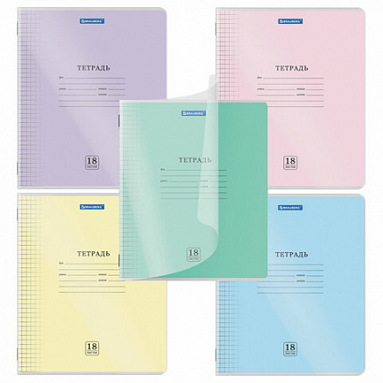 Тетрадь обложка пластик (прозрачный) 18 л., клетка, BRAUBERG "Smart Cover", АССОРТИ (в спайке), 405030