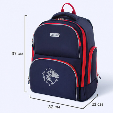 Рюкзак BRAUBERG CLASSIC, легкий каркас, премиум материал, "Лев", синий, 37х32х21 см, 228829