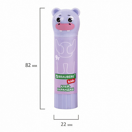 Клей-карандаш "Пастельные зверята: мышка, тигр, бегемот", 9 г, фигурный колпачок, BRAUBERG KIDS, 271140