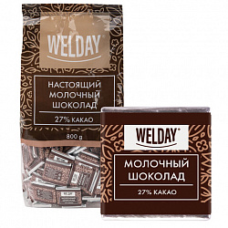 Шоколад порционный высшего качества WELDAY (ВЭЛДЭЙ) "Молочный 27%", 800 г (160 плиток по 5 г), пакет, 622406