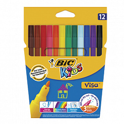 Фломастеры BIC "Kids Visa", 12 ЦВЕТОВ, суперсмываемые, вентилируемый колпачок, европодвес, 889695, 888695