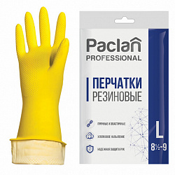 Перчатки МНОГОРАЗОВЫЕ латексные PACLAN "Professional", хлопчатобумажное напыление, размер 8,5-9, L (большой), желтые