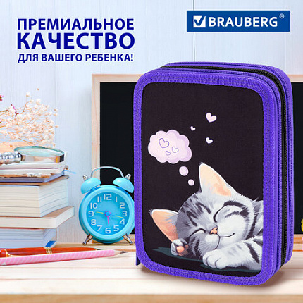 Пенал BRAUBERG, 3 отделения, полиэстер, 21х14 см, "Спящий котенок", 273538