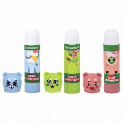Клей-карандаш "Зверята: кошка, мышка, хрюшка", 9 г, фигурный колпачок, 3 шт./блистер, BRAUBERG KIDS, 271141