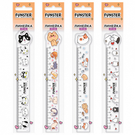 Линейка пластиковая 15 см фигурная, FUNSTER, "КОТЫ", прозрачная, ассорти, европодвес, 210921