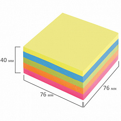 Блок самоклеящийся (стикеры), BRAUBERG, НЕОНОВЫЙ, 76х76 мм, 400 листов, 5 цветов, 122855