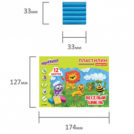 Пластилин классический ЮНЛАНДИЯ "ВЕСЁЛЫЙ ШМЕЛЬ", 12 цветов, 204 г, СО СТЕКОМ, КВАДРАТНЫЙ, 104823