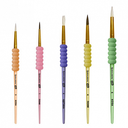 Кисти c EVA вставкой НАБОР 5 шт (ПОНИ круглые 1,4;КОЗА круглые 3,6;ЩЕТИНА плоская 4), BRAUBERG KIDS, 201091