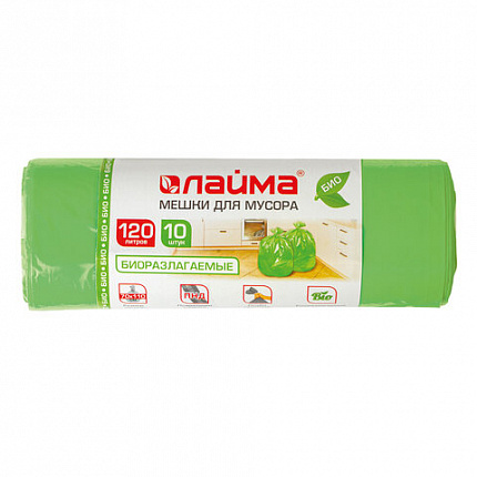 Мешки для мусора биоразлагаемые 120 л, зеленые, в рулоне 10 шт., ПНД 17 мкм, 70х110 см, LAIMA, 601402