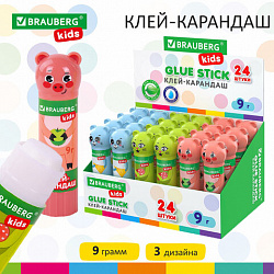 Клей-карандаш "Зверята: кошка, мышка, хрюшка", 9 г, фигурный колпачок, BRAUBERG KIDS, 271138