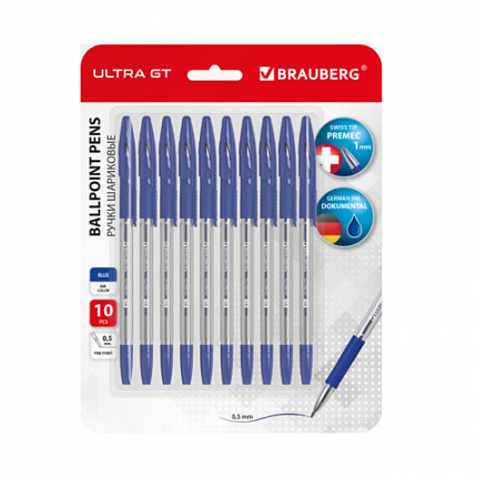 Ручки шариковые с грипом BRAUBERG "ULTRA GT", НАБОР 10 ШТУК, СИНИЕ, узел 1 мм, чернила ГЕРМАНИЯ, наконечник ШВЕЙЦАРИЯ, 144056