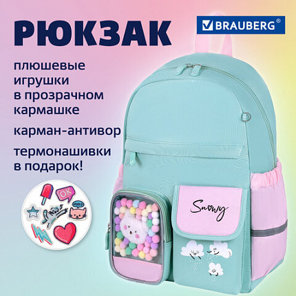 Рюкзак BRAUBERG PASTEL с термонашивками в комплекте, "Funny clouds", мятный, 40х29х14 см, 271421