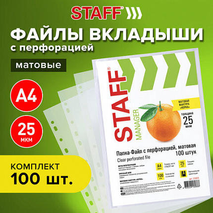 Папки-файлы перфорированные ЭКОНОМ, А4, STAFF, комплект 100 шт., матовые, 25 мкм, 226828