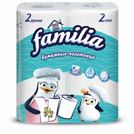 Полотенца бумажные бытовые, спайка 2 шт., 2-слойные (2х12,5 м), FAMILIA, 23x13 см, белые, 5083815