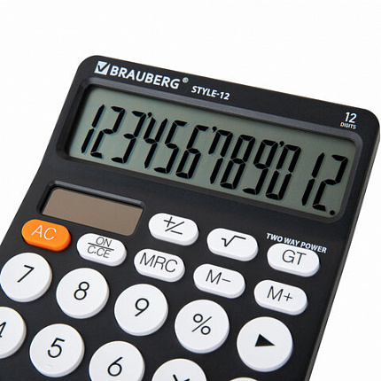 Калькулятор настольный BRAUBERG STYLE-12-BK (157х106 мм), 12 разрядов, двойное питание, ЧЕРНЫЙ, 272965