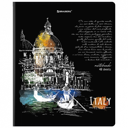 Тетрадь А5, 48 л., BRAUBERG, скоба, клетка, глянцевый лак, "Города" (микс в спайке), 404346