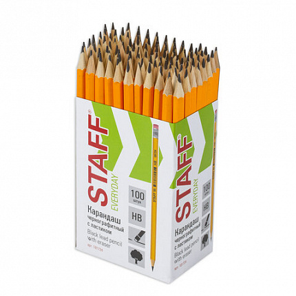 Карандаш чернографитный STAFF "EVERYDAY" BLP-724, 1 шт., НВ, с ластиком, корпус желтый, 181724