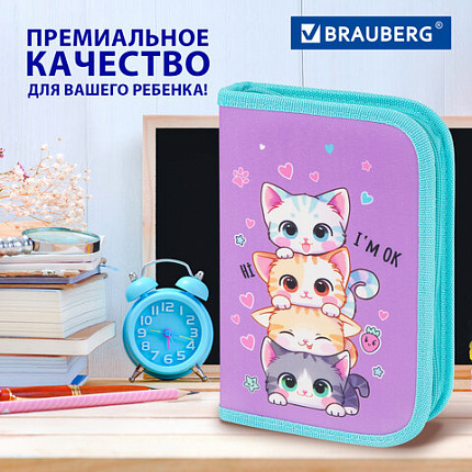 Пенал BRAUBERG, 1 отделение, 1 откидная планка, полиэстер, 21х14 см, "Забавные котята", 273523