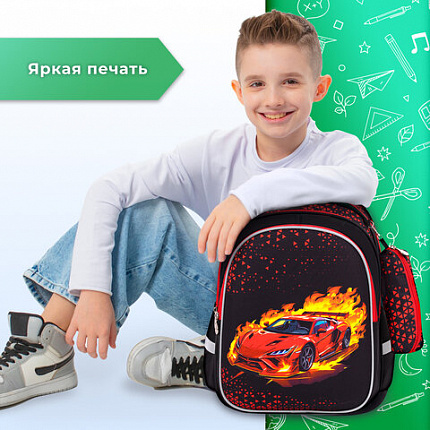 Рюкзак BRAUBERG KIDS MIND с пеналом в комплекте, 2 отделения, "Fiery Road", 40х28х18 см, 273177