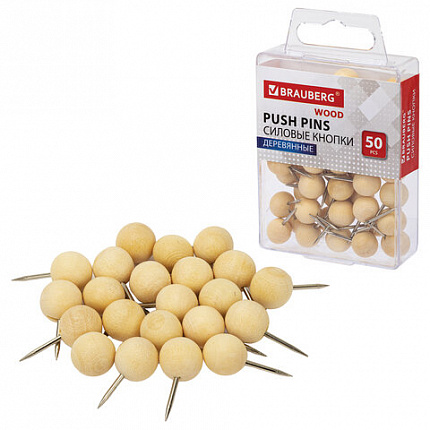Силовые кнопки-гвоздики BRAUBERG WOOD, деревянные (шарики), 50 штук, 10 мм, 272761