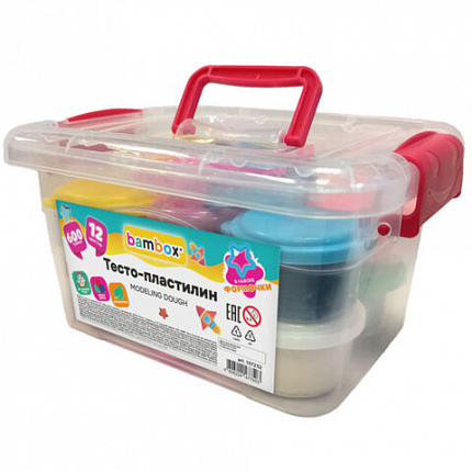 Тесто пластилин для лепки СУПЕР ПЛАСТИЧНОЕ 12 цвето 600г, в пластиковом контейнере, формочки, BAMBOX (БАМБОКС), 107252