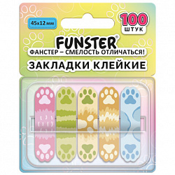 Закладки клейкие Z-сложения FUNSTER (ФАНСТЕР) "Лапки собак", 45х12 мм, 100 шт., (5 цветов х 20 листов), в диспенсере, 116693